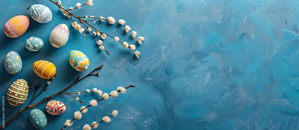 Aufkleber Top view of a blue background with willow branch and decorative Easter eggs perfect for a copy space image