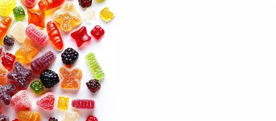 Assortment of gummy candies isolated on a white background with ample copy space image