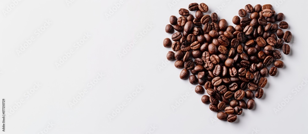 Poster heart shaped roasted coffee beans on a white backdrop with copy space image