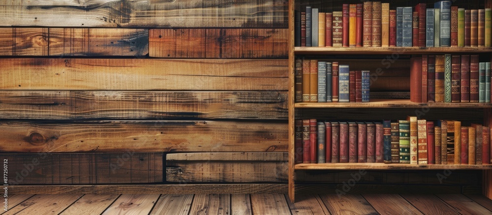 Aufkleber wooden bookshelf against a textured wooden wall background providing ample copy space image