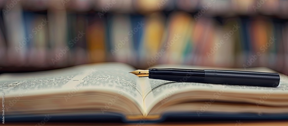 Poster Selective focus on a black pen resting on an open book with a shallow depth of field providing a blurred background ideal for a copy space image