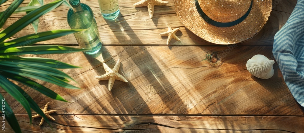 Poster summer accessories displayed on a wooden surface evoking the essence of the summer season with a ref