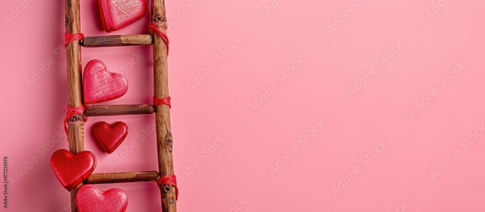 Poster postcard or invitation template featuring a wooden ladder adorned with red hearts against a pink bac