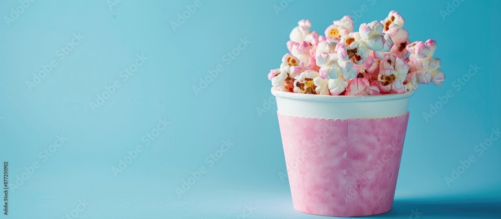 Aufkleber Pink berry flavored popcorn in a paper cup against a blue backdrop with available copy space image