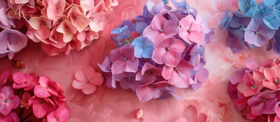 Obraz premium An isolated bouquet of vibrant hydrangea flowers on a soft pink backdrop providing copy space image