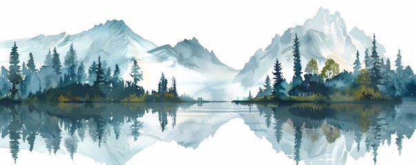 Naklejka premium Peaceful Sunrise: Watercolor Mountain Landscape with Trees and Lake on White Background for Copy Space