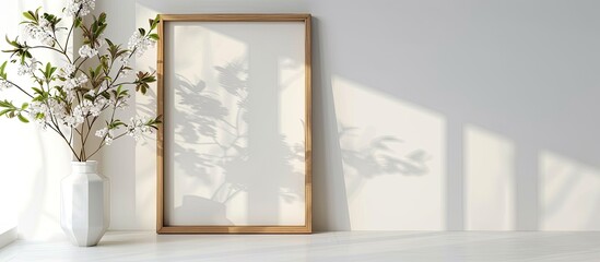 Fototapeta premium Photo frame with copy space image for decorating set against a white wall on a bright spring day