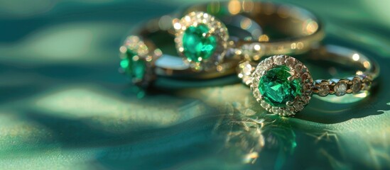 Three pricey engagement rings each adorned with three emeralds showcased in a copy space image