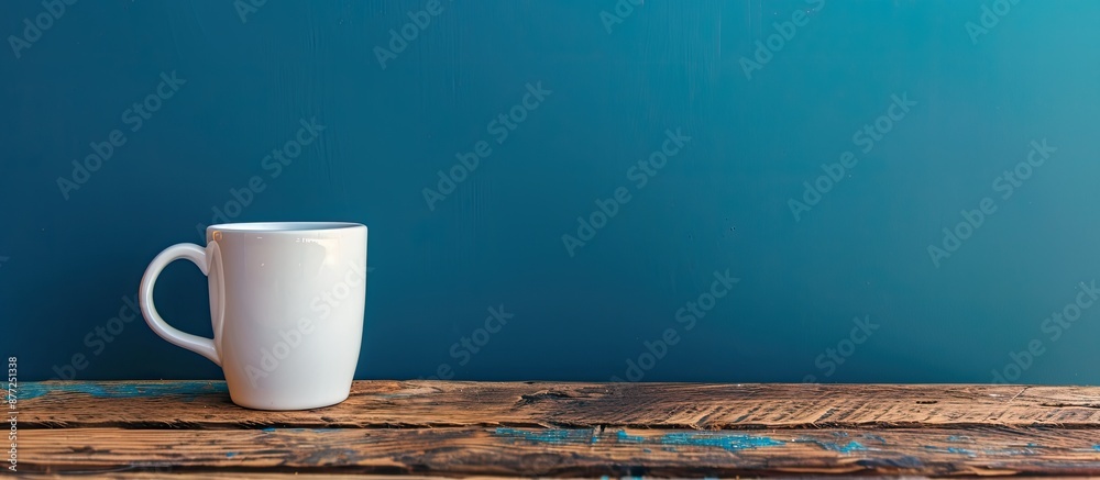 Poster White mug on wooden surface against a blue backdrop with space for text or imagery in the picture. with copy space image. Place for adding text or design