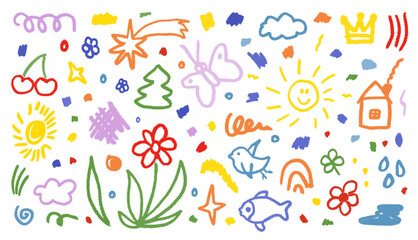 Hand drawn colorful charcoal doodle shapes and squiggles set. Pencil flowers, crowns, stars childish girly style isolated on white. Rough crayon strokes collage elements.