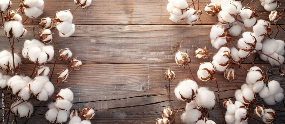 Poster White cotton flowers arranged elegantly on a wooden backdrop creating a serene composition with plenty of space for additional elements in the image