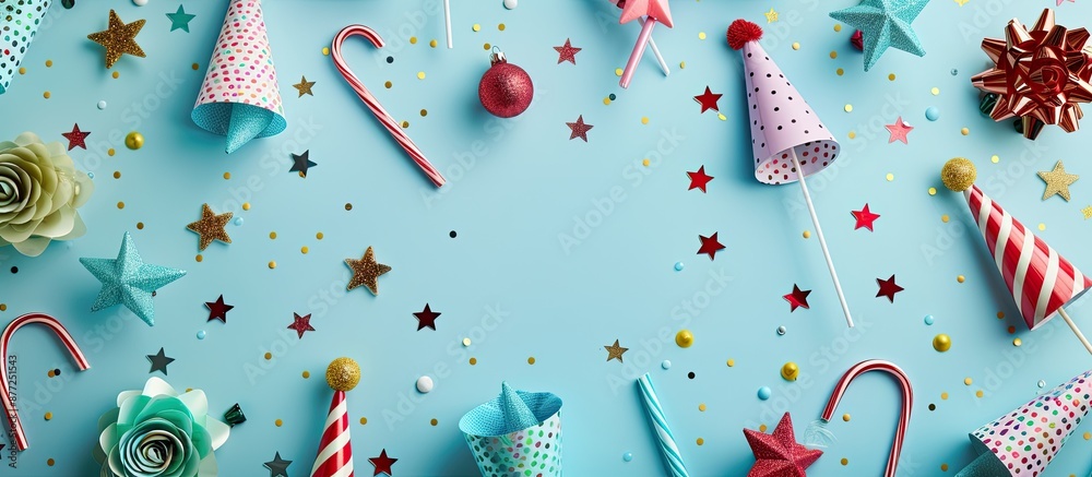 Poster A flat lay arrangement features party hats and various festive objects on a light blue backdrop leaving room for text in the image. with copy space image. Place for adding text or design
