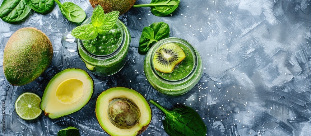Poster detox green smoothie in a glass jar made with spinach kiwi lime and avocado on a light stone backdro