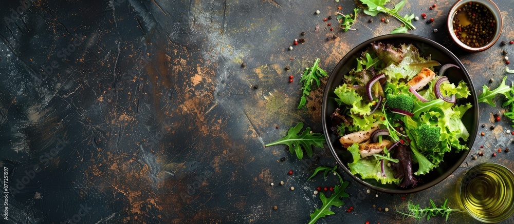 Aufkleber healthy green salad with chicken stomach lettuce onion and dressing on a rustic table with copy spac
