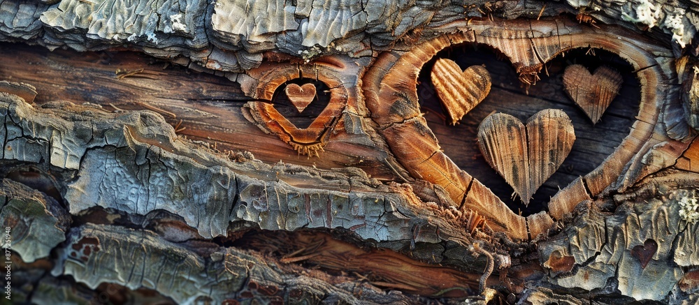 Poster winter love depicted on a wooden backdrop with heart shapes cut out of tree bark creating a cozy and
