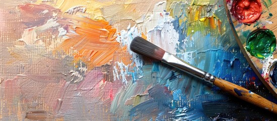 Obraz premium Wooden palette with paintbrush on white background with copy space image