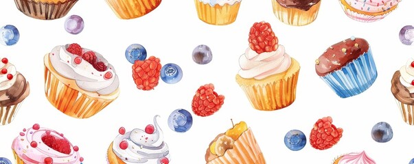 Sweet Delights - Hand-drawn Cupcakes and Sweets Background for Bakery Branding on Isolated White Background