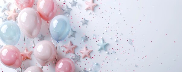 Festive Pastel Balloons and Stars Background | Beautiful Celebration Concept on White