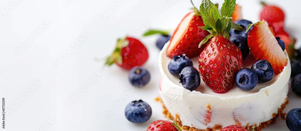 Poster a cheesecake decorated with strawberries and blueberries on a white background for a copy space imag