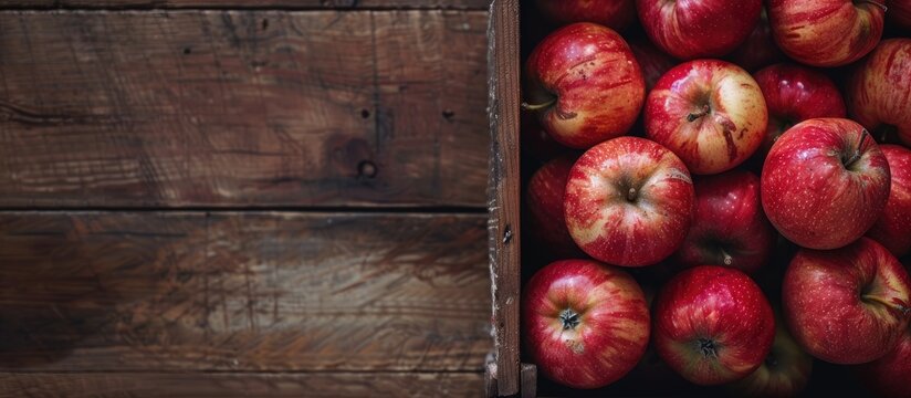 Top down view of a wooden crate with fresh juicy apples on a table offering room for text in the empty area beside the image. with copy space image. Place for adding text or design - Powered by Adobe