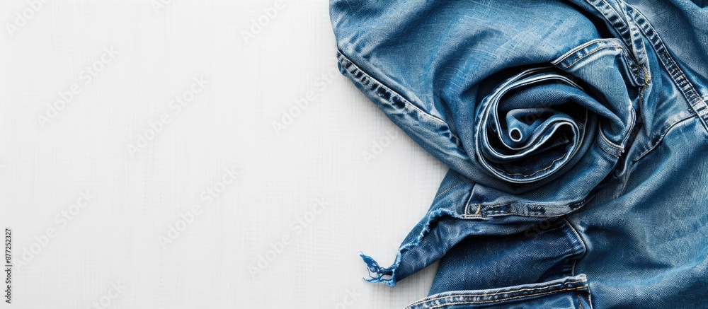Poster blue jeans unrolled on a clean white background with plenty of copy space image available