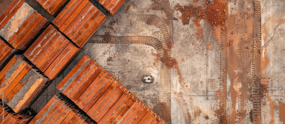 Poster Aerial view of red bricks on a concrete surface at a construction site with ample copy space image