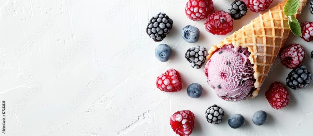 Aufkleber frozen berries spill from a waffle ice cream cone on a white backdrop embodying a summer theme with 