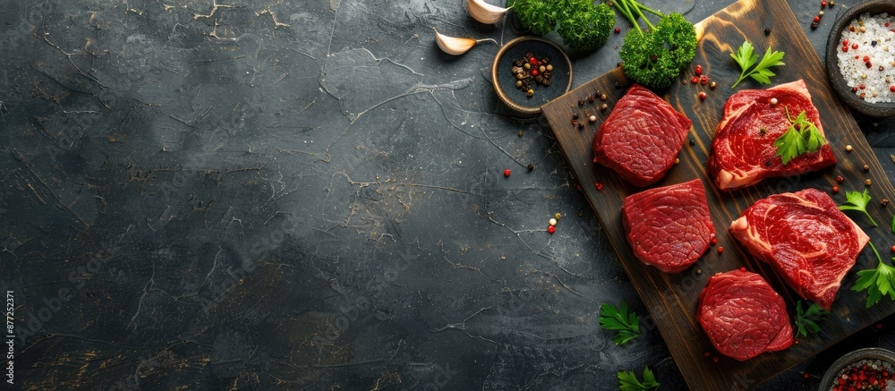 Aufkleber Raw beef steaks displayed on a wooden cutting board with stylish lighting and shadows accompanied by spices garlic parsley against a concrete background with space for adding text or images
