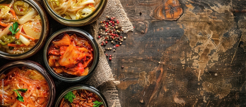 Aufkleber Top view of fermented vegetarian foods like cabbage kimchi and marinated tomatoes in sour glass jars displayed on a rustic kitchen table creating a canned food concept with a copy space image