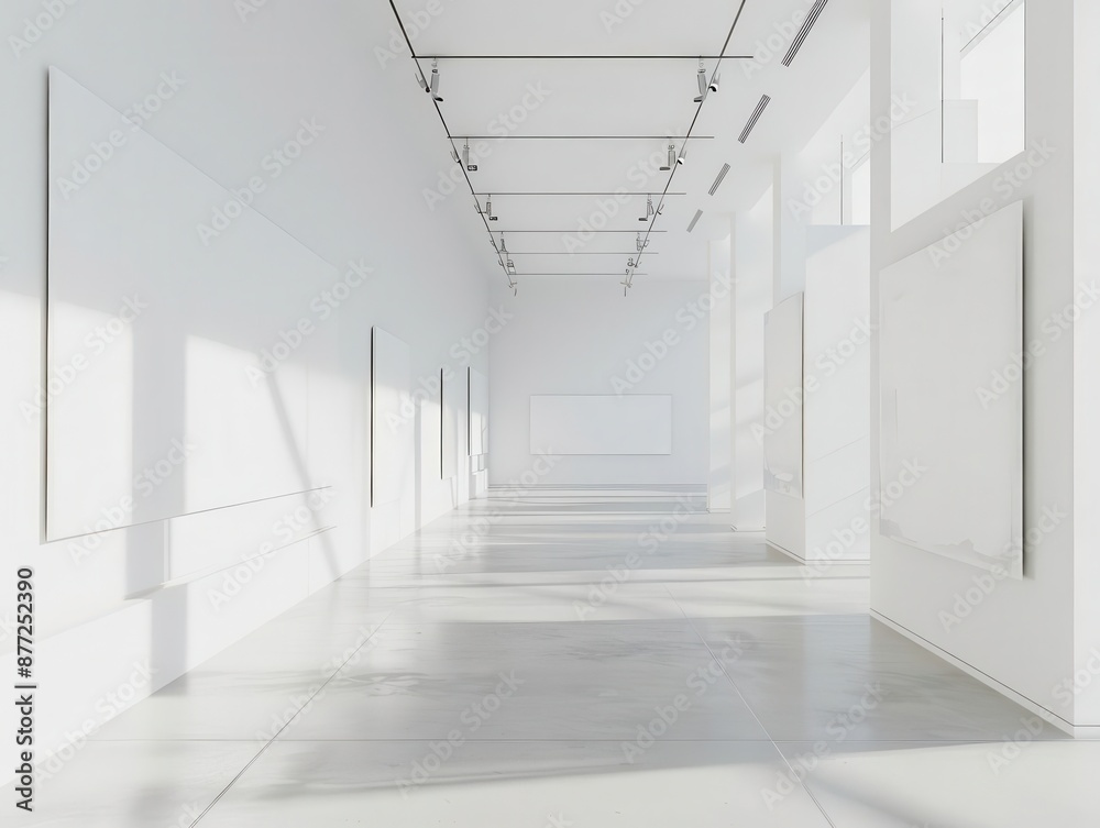 Wall mural minimalist white gallery interior featuring oversized blank canvases clean lines and subtle shadows create depth natural light floods the space emphasizing its pristine emptiness