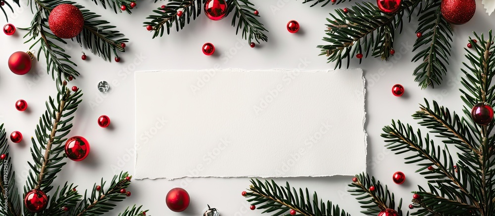 Poster christmas themed flat lay composition featuring a decorative frame of fir branches red beads and a p