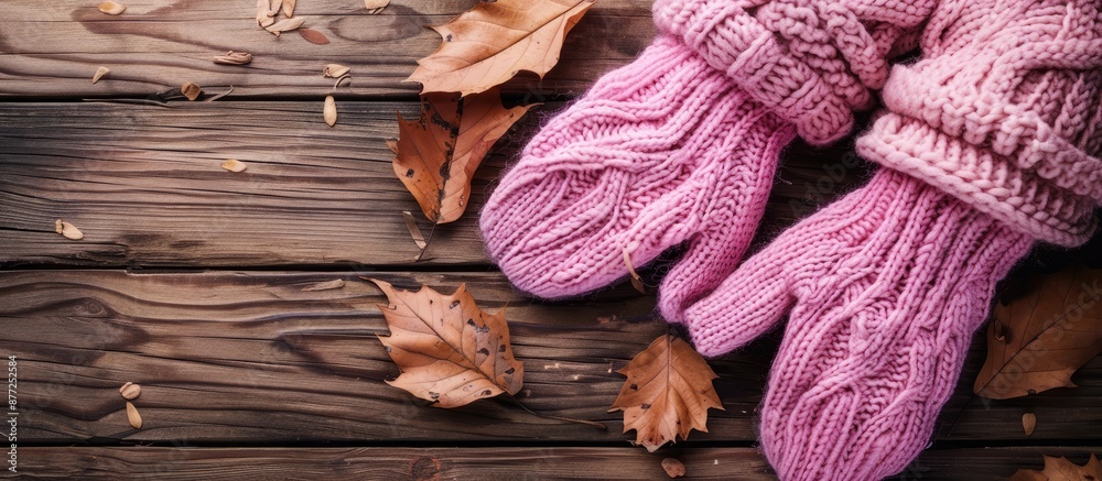 Aufkleber autumn wardrobe essential chic pink gloves on wood with a clear area for text in a top down view for