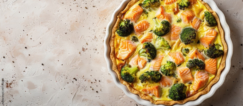 Poster Close up view of a savory homemade quiche featuring salmon and broccoli on a beige table with a blank area for text in the image area. with copy space image. Place for adding text or design