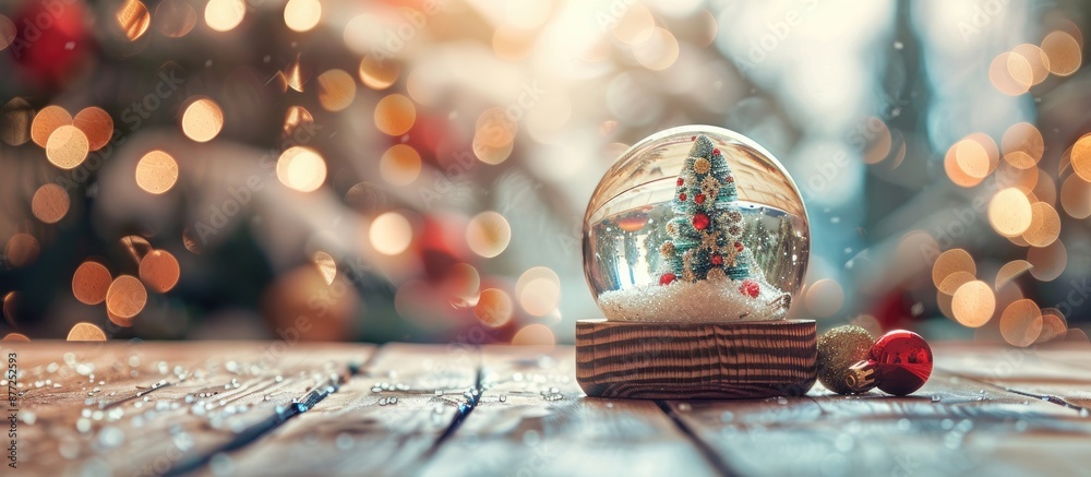 Aufkleber Christmas decorations and a handmade snow globe displayed on a wooden table with copy space image