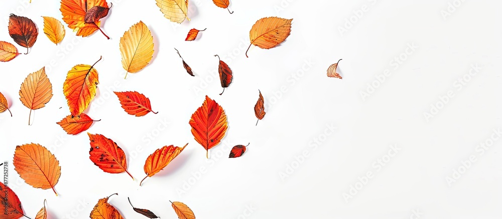 Aufkleber Multicolored autumn leaves isolated on a white background with a falling orange leaf top view with copy space image for an autumn themed backdrop
