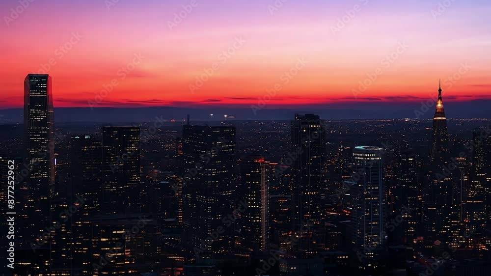Poster a panoramic view of a city skyline at sunset with a colorful sky. tall buildings with lights on are 