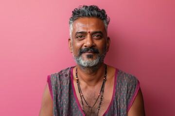 Obraz premium Portrait of a satisfied indian man in his 40s donning a trendy cropped top in solid color backdrop