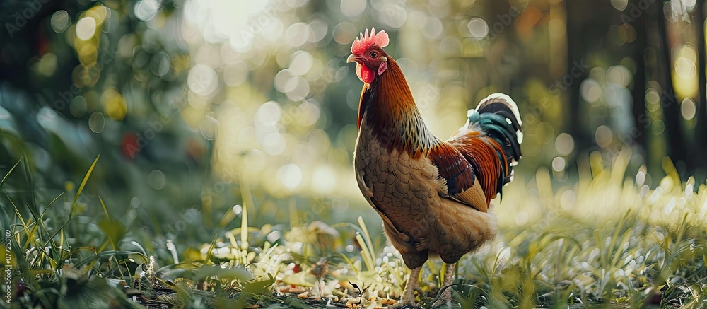 Poster a chicken roams freely in an outdoor setting with copy space image