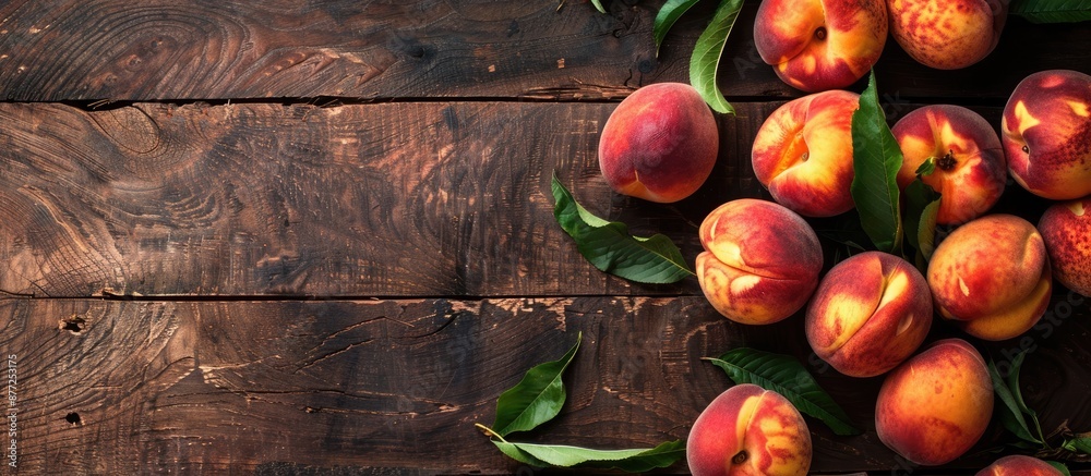 Fototapete Top view of fresh ripe peaches displayed on a rustic wooden table with copy space image