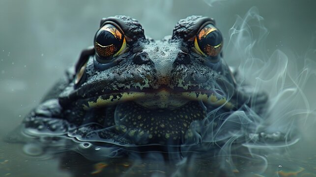   A macroscopic depiction of a frog's visage, emitting considerable quantities of vapor from its orifice