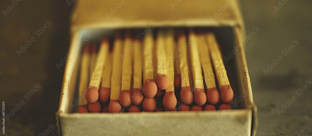 Poster The matchbox is open with the matches displayed showing their full length against a plain background with copy space image available