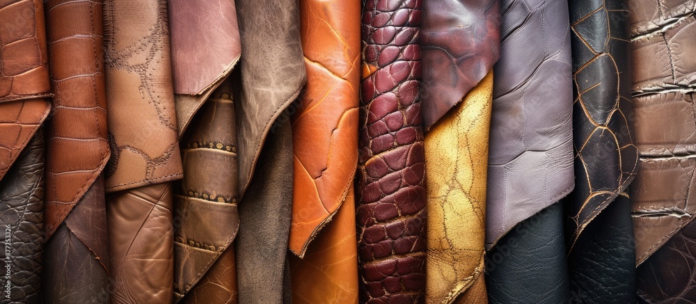 Poster Variety of leather shapes linked in different textures and patterns for fashion industry samples with close up for text on copy space image
