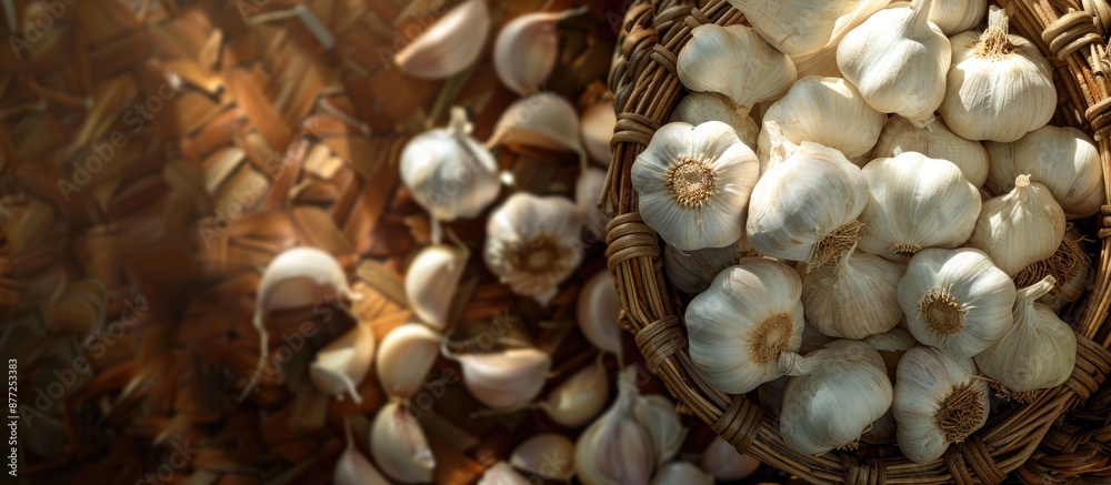 Poster a detailed shot of garlic on a wicker basket with a blank area on the right for additional content i