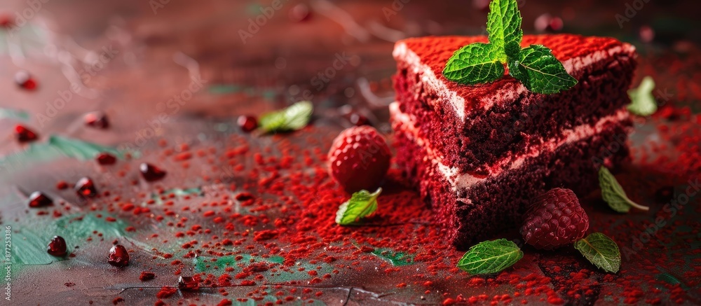 Poster close up image of vibrant bakery with spearmint leaves on a red velvet cake featuring copy space ima