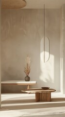 A modern living room with a wooden coffee table and a vase of dried grasses