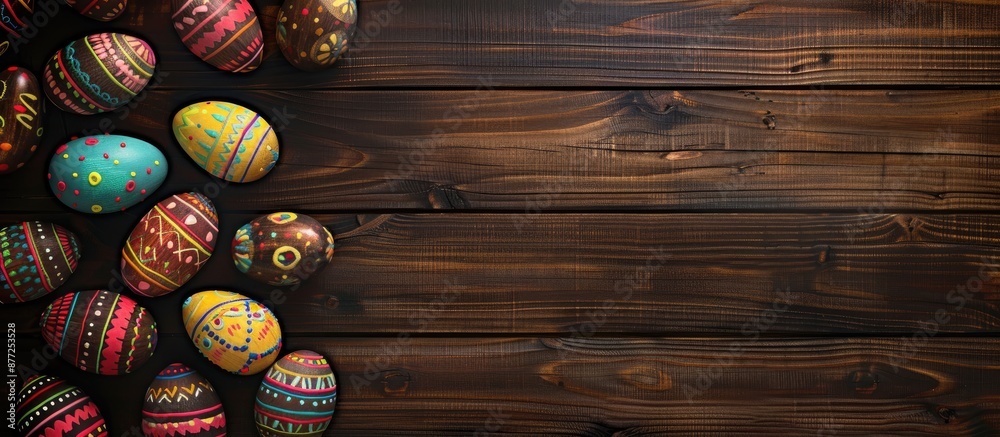 Poster wooden background with easter eggs for copy space image