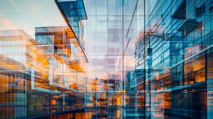 Fototapeta premium Multiple Exposure of Modern Abstract Glass Architectural Forms, Dynamic Generative AI Art