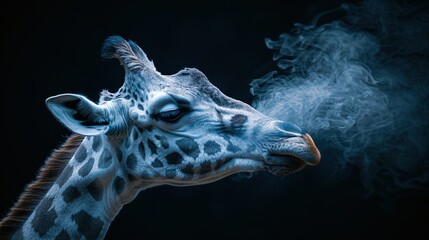   A close-up of a giraffe's face with steam rising from the top of its head