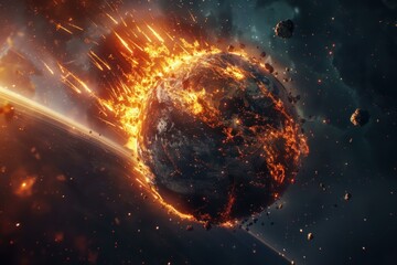 Fototapeta premium Fiery apocalyptic planet destruction scene in outer space with a catastrophic asteroid collision and dramatic orbital impact, depicted in a stunning 3d rendering digital illustration