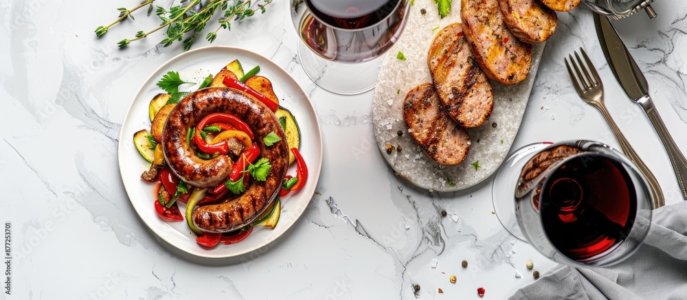 Poster spiral grilled sausage with veggies and herbs accompanied by a glass of red wine and cutlery set on 